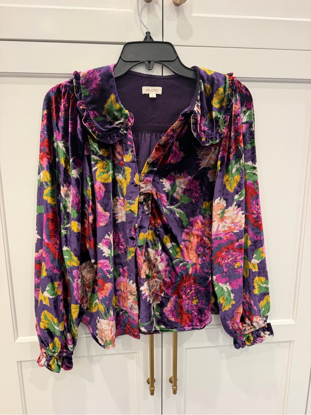 Pilcro Anthropologie Keira Velvet Floral Long Sleeve Blouse Purple small
